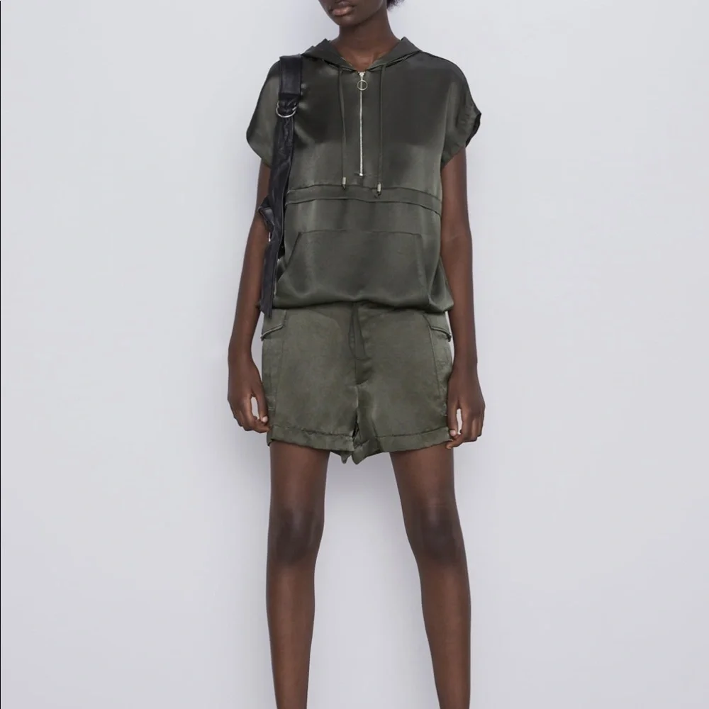 ZARA BNWT Cargo Shorts + Satin Pouch Pocket Jacket 2pc Coord Set